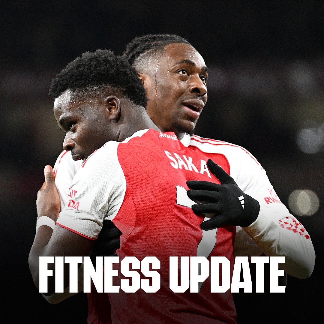 Arsenal's tweet photo. Mikel provides a fitness update on Saka, Eze and Timber 👇