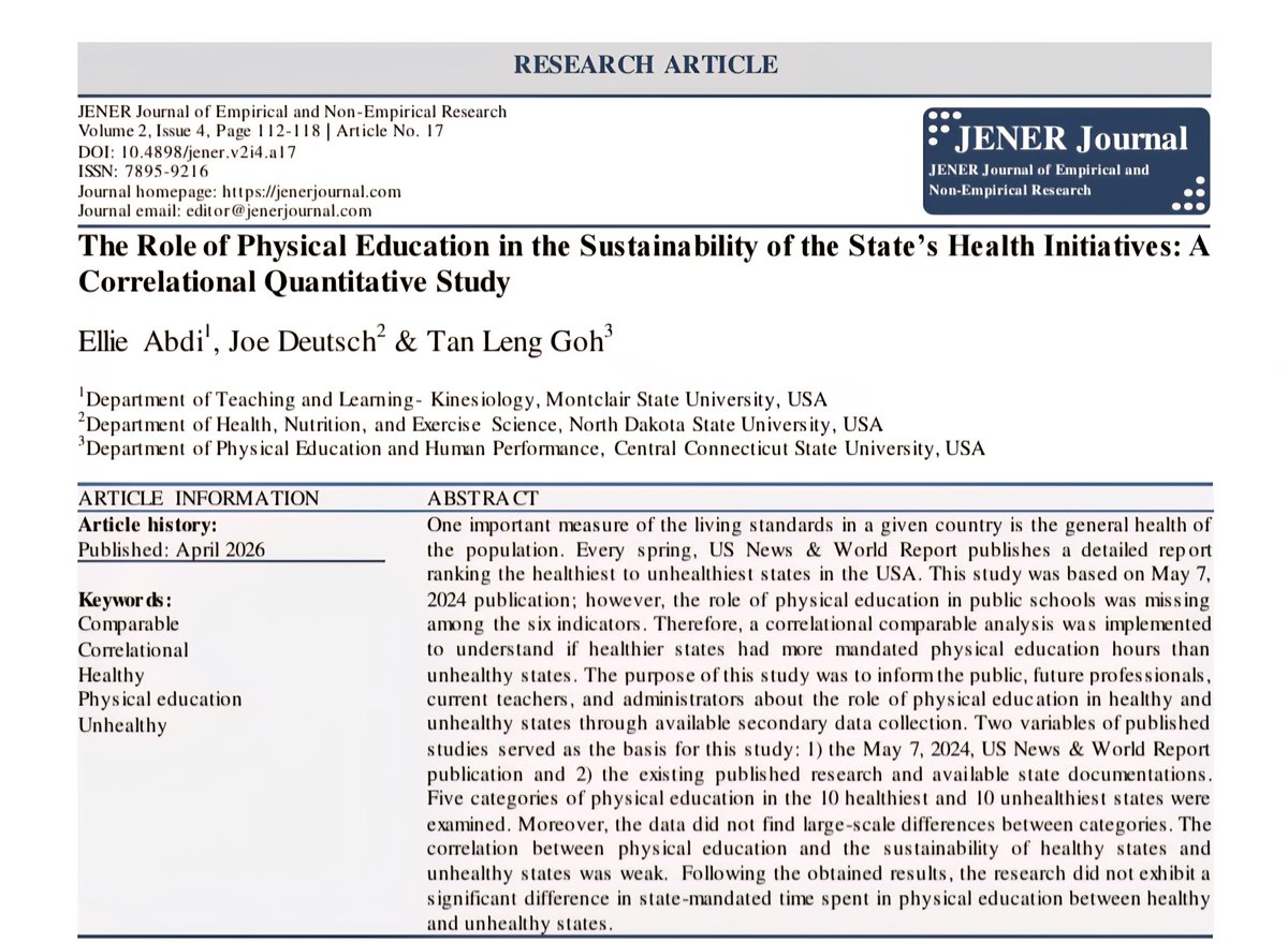 Our latest publication: "The Role of Physical Education in the Sustainability of the State’s Health Initiatives: A Correlational Quantitative Study"  with amazing colleagues: 
Dr. Joe Deutsch, North Dakota State University &amp; Dr. Tanleng Goh, Central Connecticut State University
