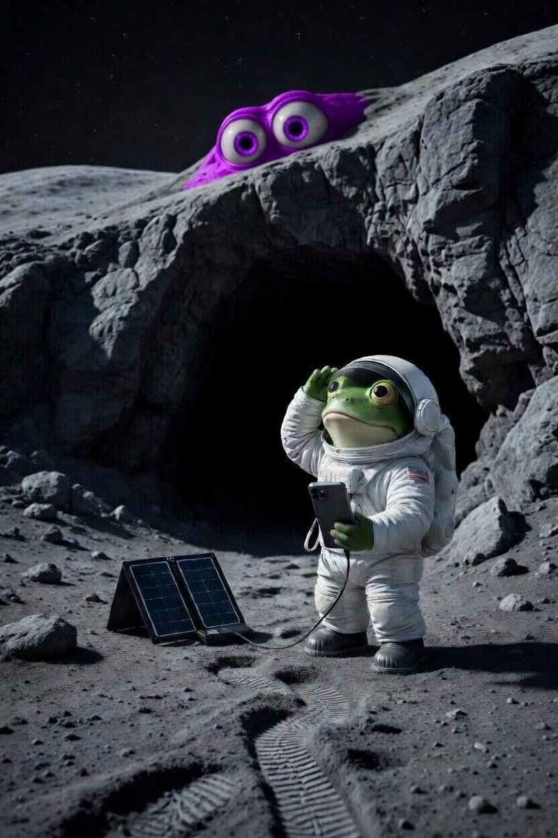 BLORPCOIN1's tweet photo. BLORP realizes his solar unit has been stuck in shadow and isn’t charging. He spots full sunlight hitting the cliff above and decides to haul the unit up 200 feet of jagged lunar rock — despite being alone, he is still aware that something unknown has been leaving tracks nearby. He doesn’t have answers, but he has a mission. He grabs his gear and heads out.