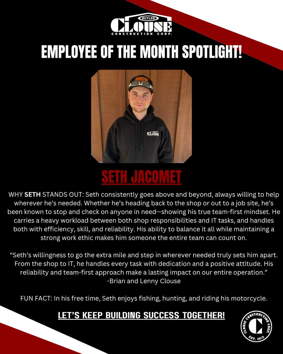 ClouseConstruct's tweet photo. No fooling, April's Employee of the Month is Seth Jacomet #employeeappreciation #EmployeeSpotlight #Sethfixmycomputer https://t.co/HI5d04fMM6