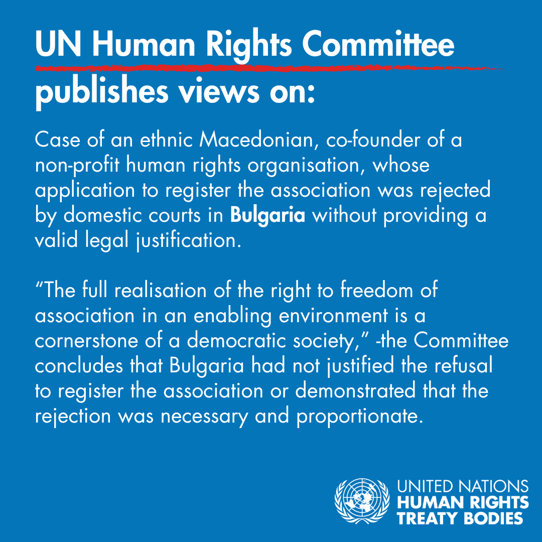 #Bulgaria violated freedom of association by denying registration of an ethnic Macedonian rights organisation - UN committee #CCPR calls on 🇧🇬 to review the judicial decisions refusing registration, &amp; provide the complainant with adequate compensation.

ohchr.org/en/press-relea…