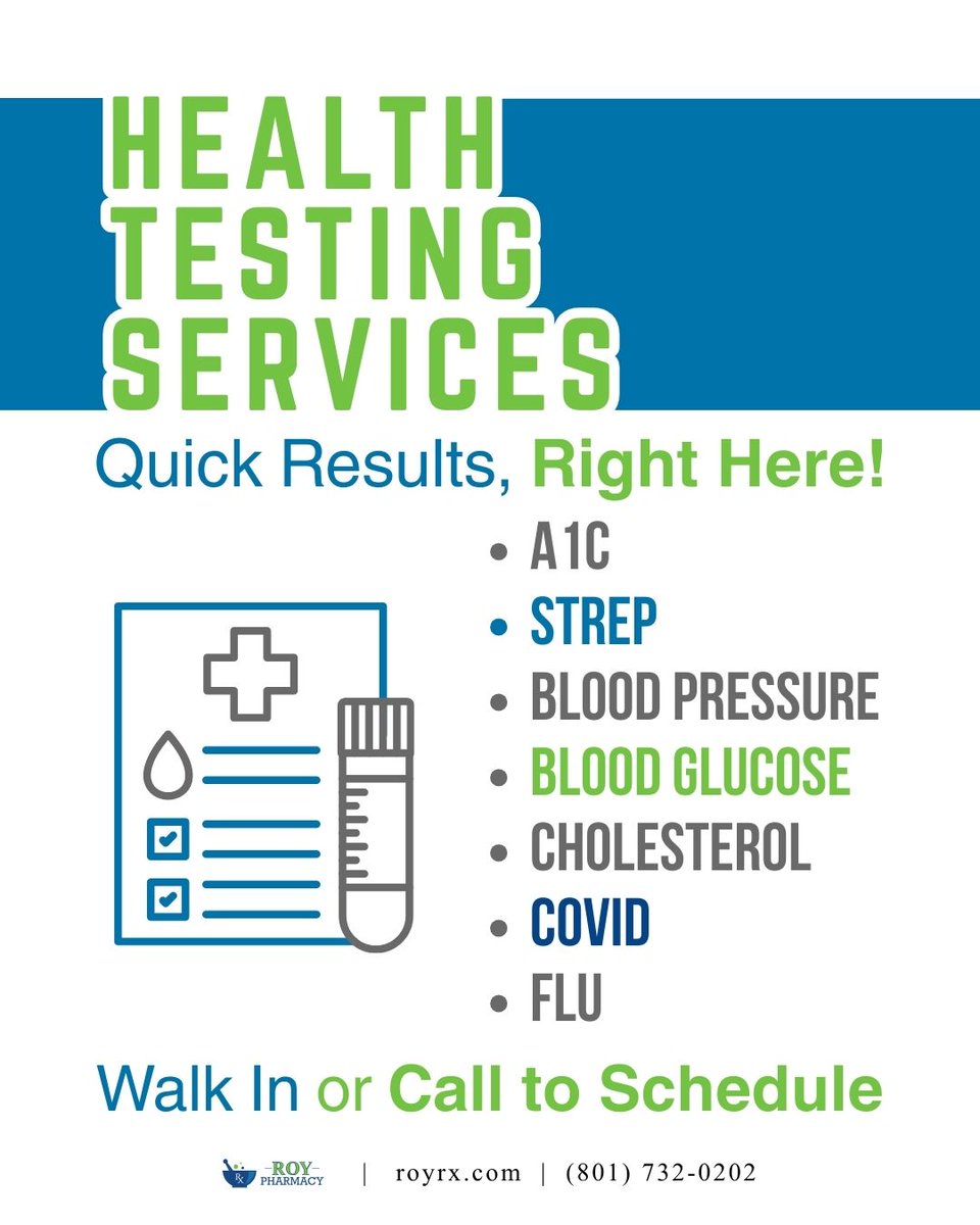 RoyPharmacy_'s tweet photo. Did you know we offer health testing? 🩺 Blood pressure, glucose, A1C, cholesterol, strep, flu &amp; COVID. Fast results, no appointment needed for most tests. Knowledge is power—know your numbers! #HealthTesting #RoyPharmacy https://t.co/Y0omDPyKBu