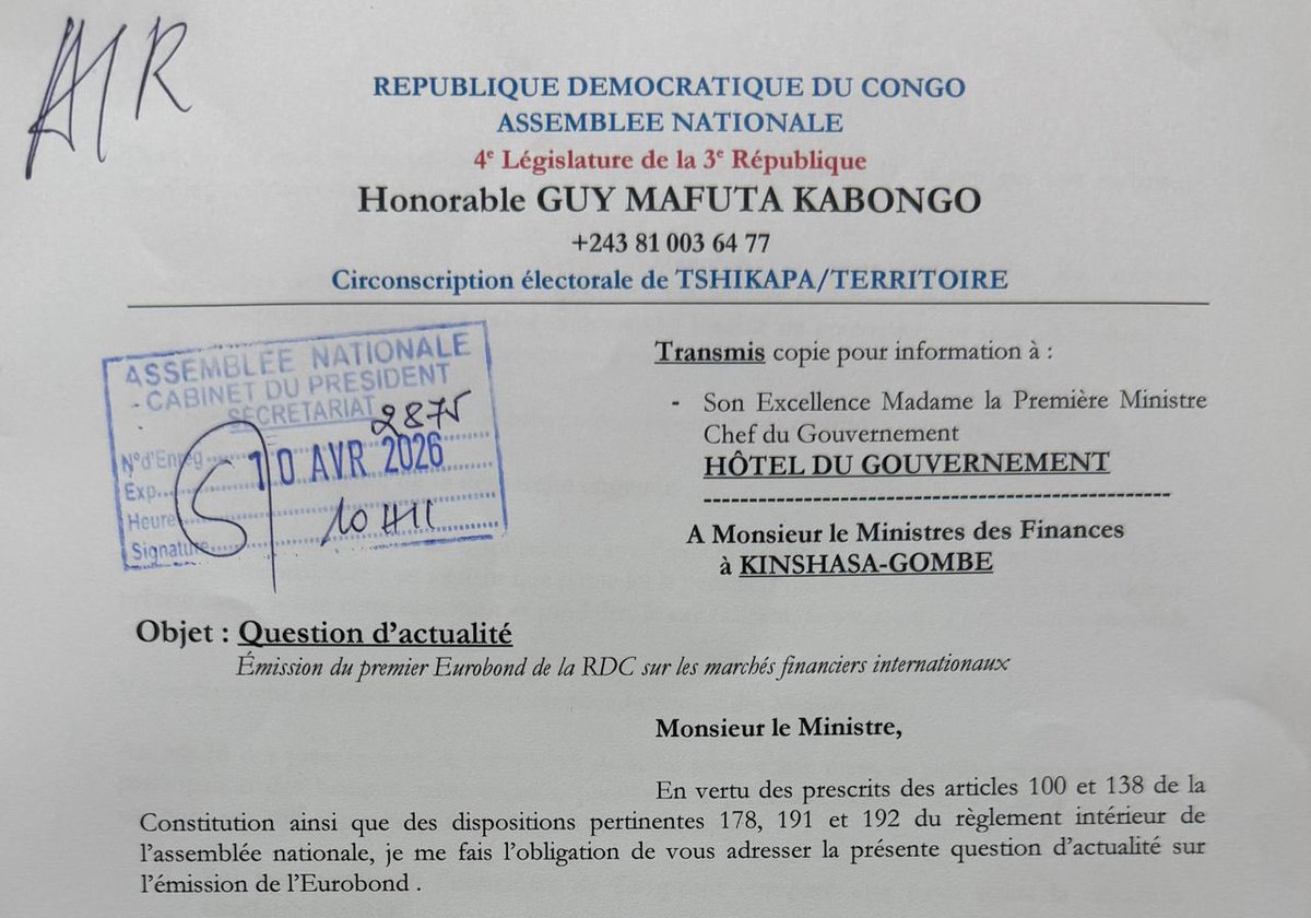 StanysBujakera's tweet image. #RDC: un député interpelle le ministre des Finances sur l’émission du premier Eurobond

Le député Guy Mafuta Kabongo, élu de la circonscription de Tshikapa/Territoire, a adressé une question d’actualité au ministre des Finances au sujet de la sortie inaugurale de la République