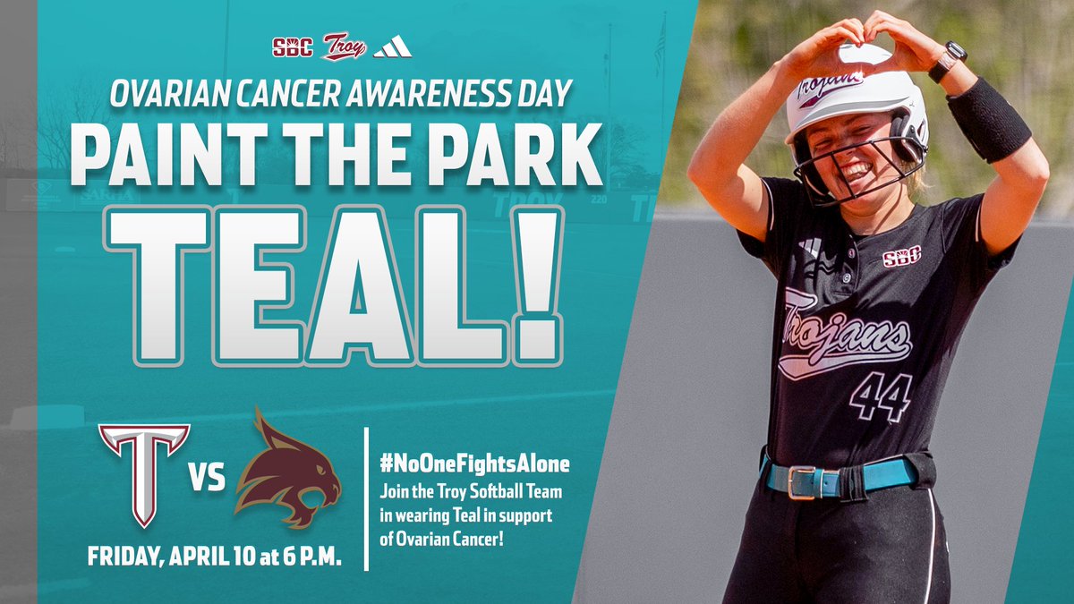 TroyAthletics's tweet photo. 𝙈𝙊𝙍𝙀 𝙏𝙃𝘼𝙉 𝘼 𝙂𝘼𝙈𝙀🩵

Wear teal to the Troy Softball Complex tonight in support of ovarian cancer awareness as @TroyTrojansSB opens a series against Texas State!

⏰6 p.m.
🆓Teal bracelets for fans while supplies last
🎟️Free admission for all fans

#OneTROY⚔️🥎 https://t.co/uqwqyV9hSl