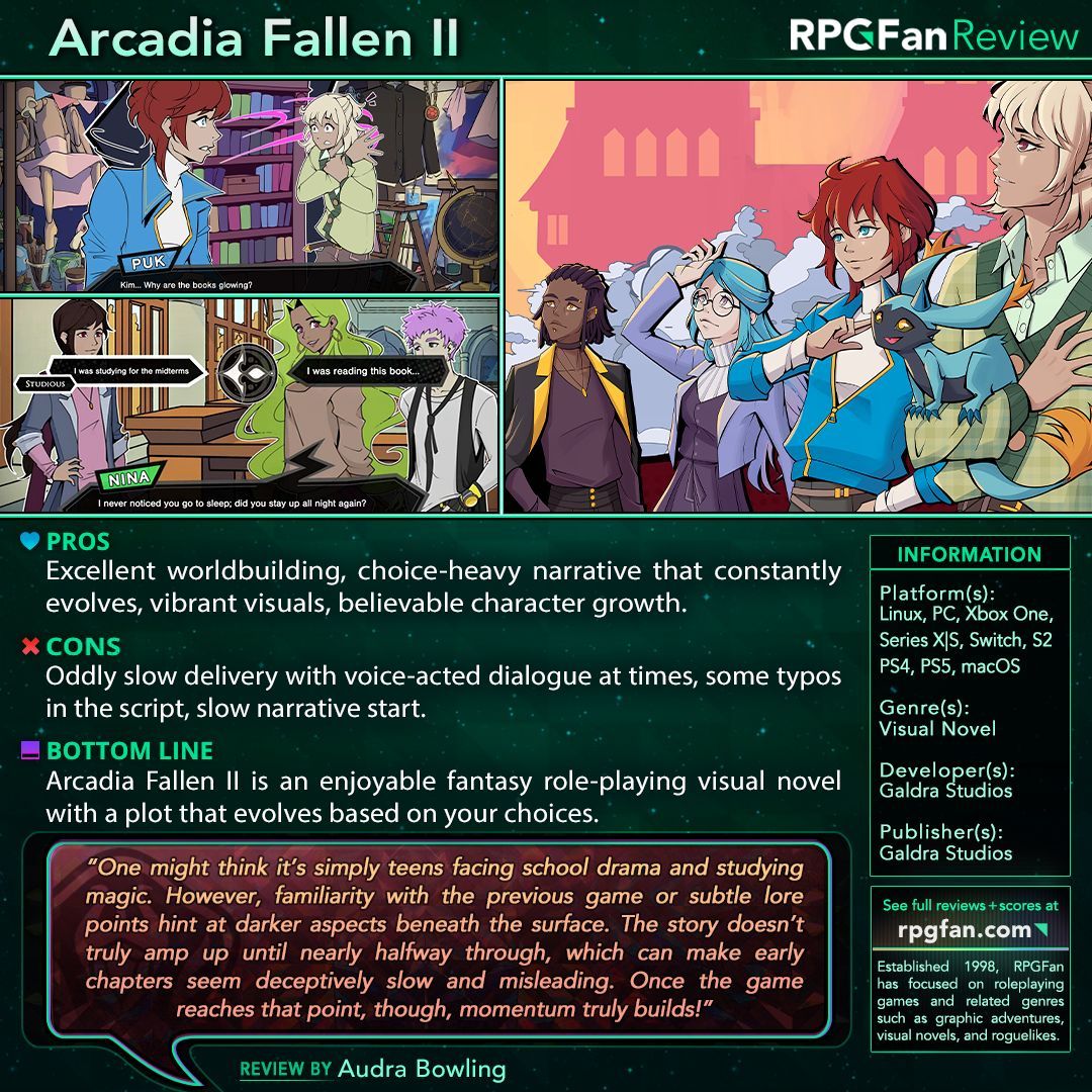 rpgfancom's tweet photo. I'll always want to attend magic school, and Arcadia Fallen II is a fun visual novel sequel that lets you customize the experience through some great design choices! 🔮 

Full Review: https://t.co/knJm2DBjfb https://t.co/P3dbjWIR1l