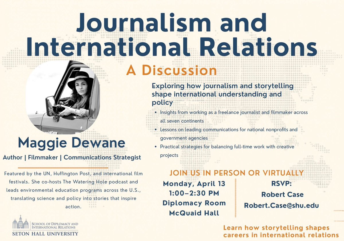 shuDiplomacy's tweet photo. Join us for an engaging conversation with Maggie Dewane on the intersection of journalism and international relations 🌍
📅 April 13 ⏰ 1:00–2:30 PM 📍 Diplomacy Room, McQuaid Hall https://t.co/tgr7fJrSIa