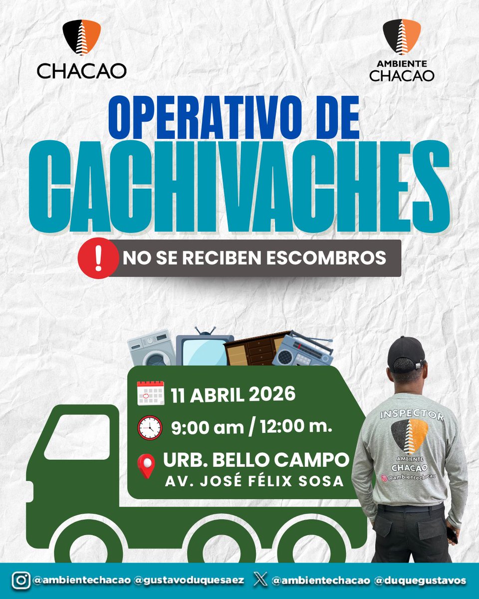 Este #11Abril el servicio de cachivaches será en📍Av. José Félix Sosa, Urb. Bello Campo. Referencia: final Av. Sta Ana pasando la lunchería. De 9AM a 12M.
✅ Electrodomésticos
✅ Electrónicos
✅ Mobiliarios.
🚫NO: repuestos de vehículos, escombros, pilas, baterías. 
🎦🫵🏽🧐