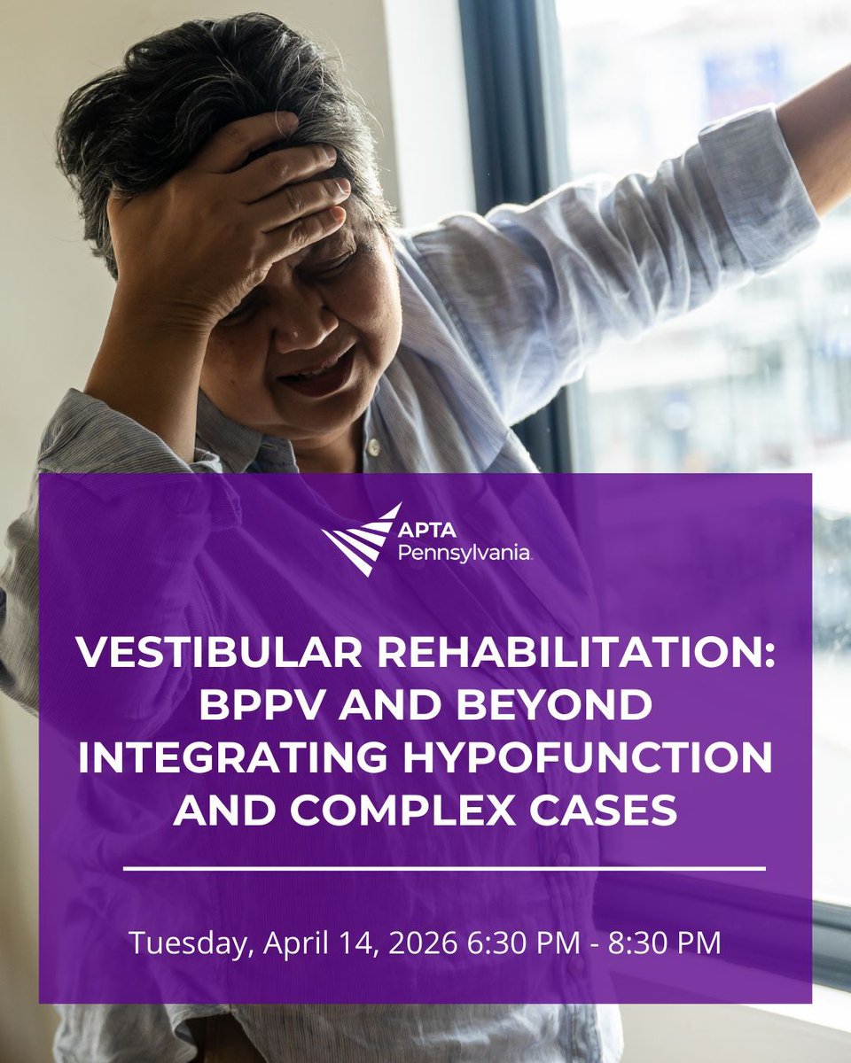 APTA_PA's tweet photo. This session takes clinicians beyond routine BPPV management and into the clinical reasoning needed for hypofunction and more complex vestibular presentations.

📍 Hybrid event – Carlow University (Pittsburgh) or join virtually
👉 Register here:
https://t.co/1LjtERzfnG https://t.co/tzoqlIczhE
