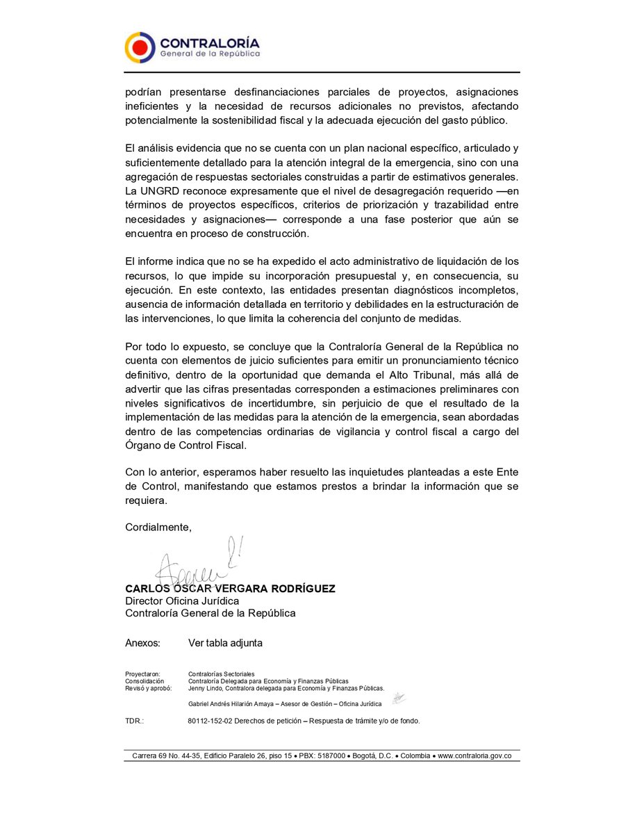 #Atento | En atención al requerimiento hecho por la Corte Constitucional, la Contraloría General advirtió que el Decreto 0150 de 2026, con el cual el Gobierno declaró emergencia económica en febrero, no cuenta con bases de cálculo solidas que sustenten el requerimiento de entre