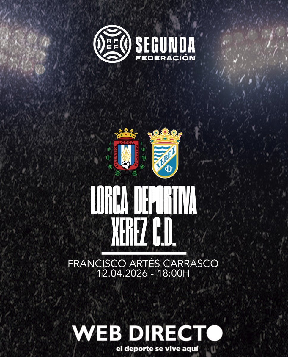 webdirecto_com's tweet photo. 📣 #SegundaFederación - GIV
⚽ @lorcadeportiva 🆚 @XerezCD_OFICIAL 
📺 Partido @tfms_triunfemos 

📍 Estadio Francisco Artés Carrasco. 
⏰ 12.04 • 18:00h
🎟 https://t.co/acncwm9jcn
🔴 Es la hora de 𝐣𝐮𝐠𝐚𝐫. https://t.co/P1kIKL18E7