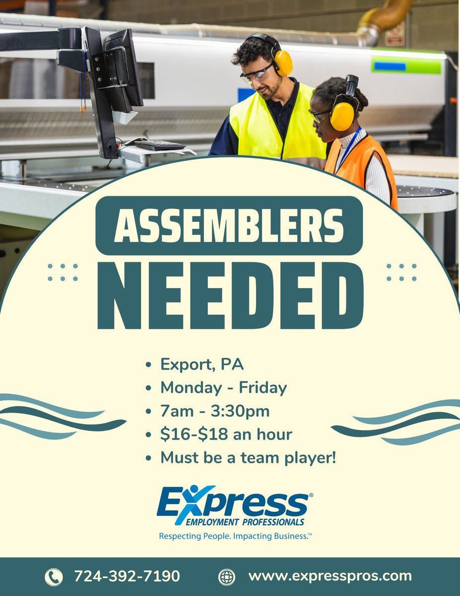 🚨 Now Hiring: Assemblers in Export, PA! 🚨

Looking for a steady weekday schedule and a great team environment? We’ve got the perfect opportunity!

✔️ Monday–Friday
✔️ 7:00 AM – 3:30 PM
✔️ $16–$18/hour
✔️ Team-oriented environment

If you’re reliable and ready to get...