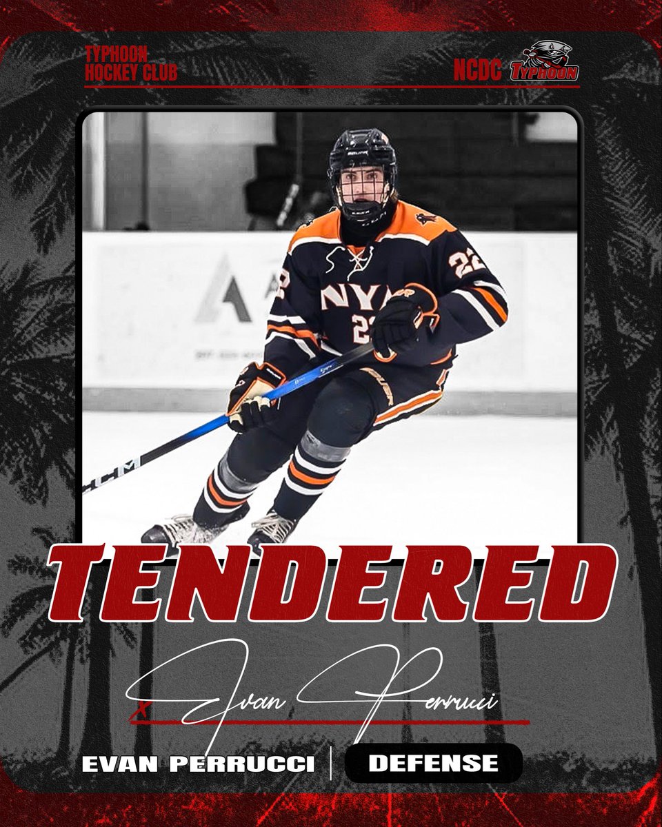 TyphoonHC's tweet photo. 🚨TENDER ALERT🚨
We are thrilled to announce that Evan Perrucci has signed an NCDC Tender with the Typhoon Hockey Club. ‘08 Defenseman from Pittsburgh, PA. Welcome to Palm Beach! 🌴

#TyphoonWarning #USPHL #NCDC https://t.co/rbdLmPJfmq