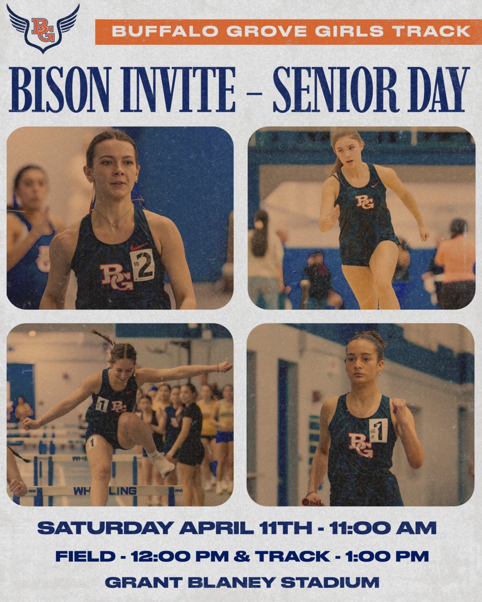The annual Bison Invite is almost here! 

Our fourteen seniors will be recognized at 11. Field events begin at 12 and finals start on the track at 1.

See you there!

#FightOn #SetTheStandard
<a href="/BGBisonAD/">Buffalo Grove Athletics</a>