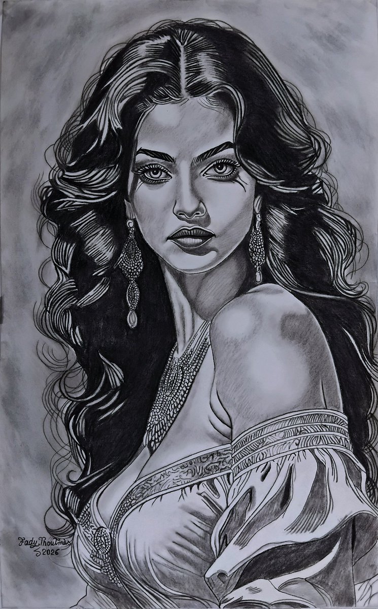 Fady Thoutmès: Model's portrait. European Classic Style. Charcoal on Cardboard. 40 - 65 Cm. in 2026.