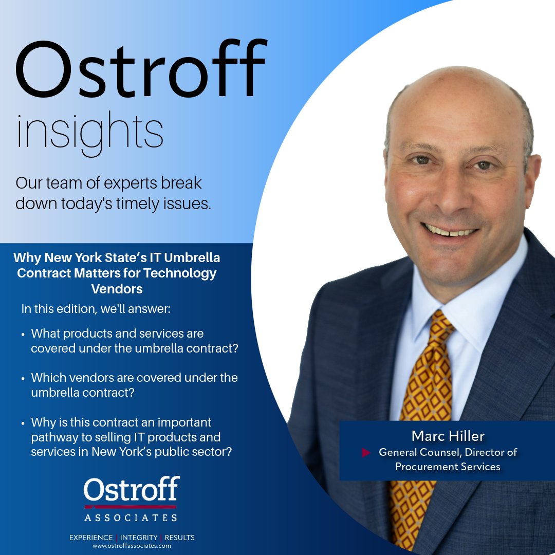 OstroffAssocia1's tweet photo. In the latest edition of Ostroff Insights, our Director of Procurement Services, Marc Hiller breaks down why the State’s Umbrella Contract matters, who should be paying attention, and what vendors need to know about this key pathway to doing business in New York’s public sector. https://t.co/i6f28UG5FX