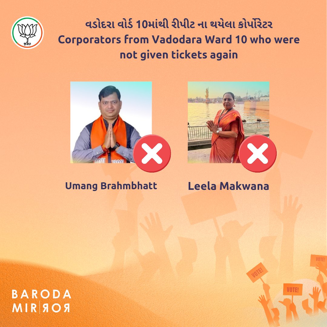 ગઈકાલે અમારા દ્વારા જાહેર કરવામાં આવેલ ઉમેદવારોમાંથી 4 ઉમેદવારોને BJP દ્વારા ટિકિટ આપવામાં આવી છે જ્યારે પૂર્વ 2 કોર્પોરેટરને રીપીટ કરવામાં આવ્યા નથી

- Nitin Donga ( Repeat )
- Mamta Vyas 
- Brijesh કાપડિયા
- Avni Stampwala ( Repeat )

#vmcelection #vadodaranews #barodanews