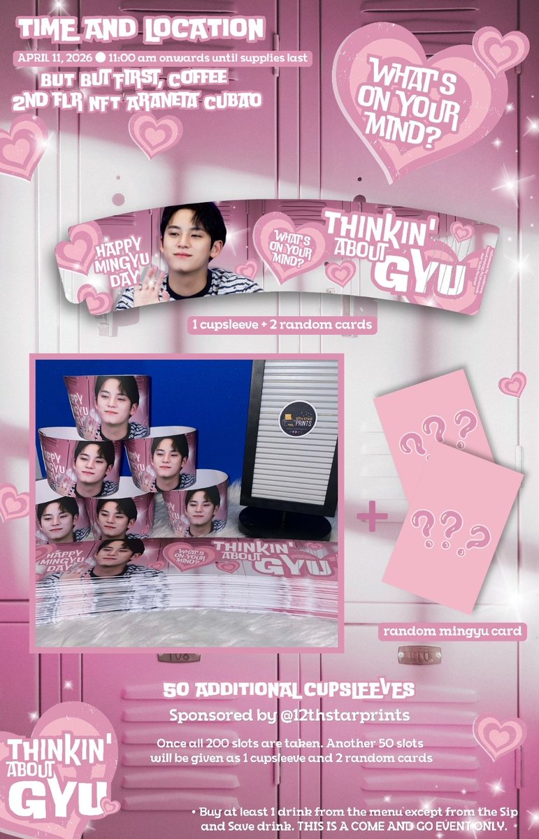 What's on your mind? 🤔
Thinkin' About Gyu? 🩷

Another Good news! There will be 50 additional cupsleeves to be given tomorrow sponsored by <a href="/12thstarprints/">12th Star Prints ✨ NOW open for orders!</a> and I added 50 sets of mingyu random cards! See you everyone! 🩷

#ThinkinAboutGyu 

#MINGYU #세븐틴 #SEVENTEEN