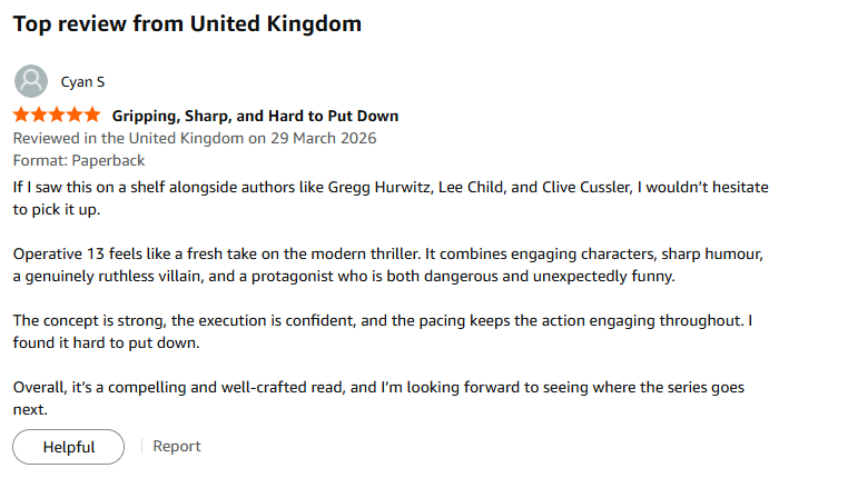 ScottFinchBooks's tweet photo. A reader mentioned they’d happily pick Operative 13 up alongside Gregg Hurwitz and Lee Child.

Which is either very kind… or a sign I need to raise my standards immediately.

Either way, I’ll take it. https://t.co/0Q4gDUMb5m