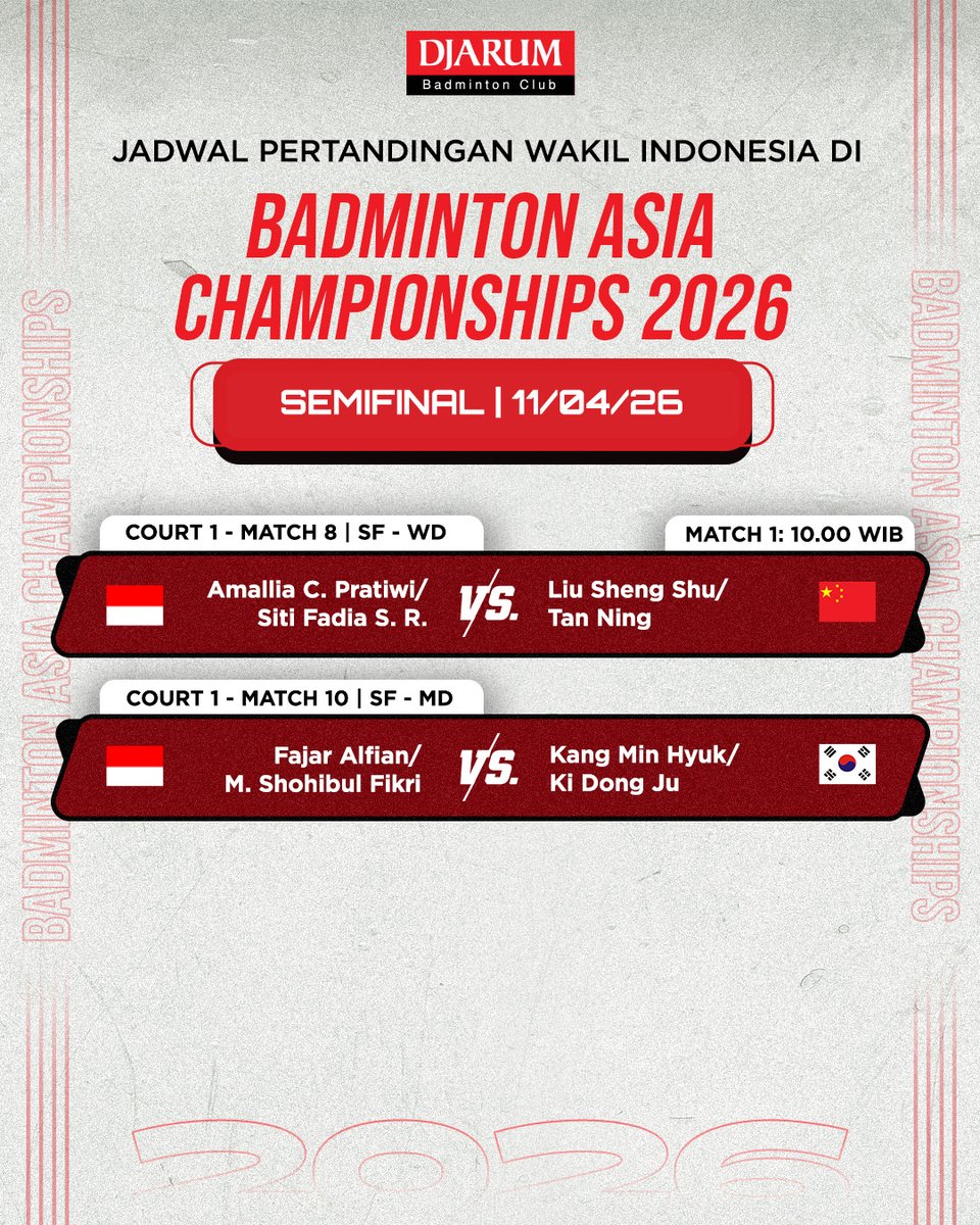 PBDjarum's tweet image. Berikut jadwal pertandingan 2 wakil Indonesia di semifinal #BAC2026 yah, Sobat! Pertandingan pertama mulai Pk 10.00 WIB, live di TVRI Sport!

Fadia/Tiwi harus menghadapi unggulan 1 sekaligus wakil tuan rumah, sedangkan Fajar/Fikri bertemu pasangan Korea! 💪🔥

#tournament