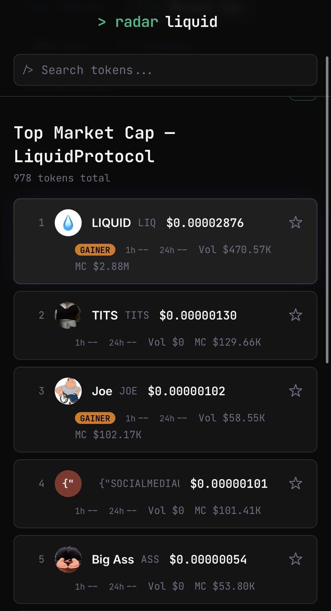 Radarliquid's tweet photo. Top Market Cap — LiquidProtocol
978 tokens total

1.LIQUID (LIQ)

•Volumen: $470.57K
•Market Cap: $2.88M

2.TITS (TITS)
•Volumen: $0
•Market Cap: $129.66K

3.Joe (JOE)
•Volumen: $58.55K
•Market Cap: $102.17K https://t.co/Qw96xWSBa4