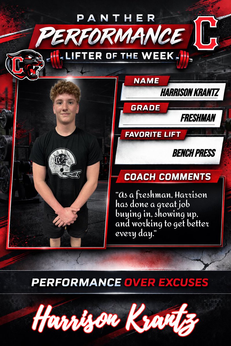 PantherPerform's tweet photo. Congrats to our Lifter of the Week for Apr. 6: Harrison Krantz

Harrison has been phenomenal all year. As a freshman, he has been all-in! He shows up and gets after it every day! 💪

#PerformanceOverExcuses https://t.co/dcRTobJAHQ