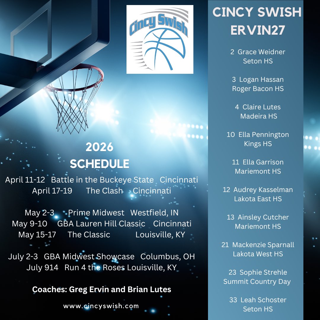 CincySwish's tweet photo. Good Luck to our Cincy Swish High School Girls Basketball teams as they kick off the season this weekend at the Select Events Battle in the Buckeye State! Here are the rosters and tournament schedule for the season for all three of our squads! https://t.co/vWharlk9SA