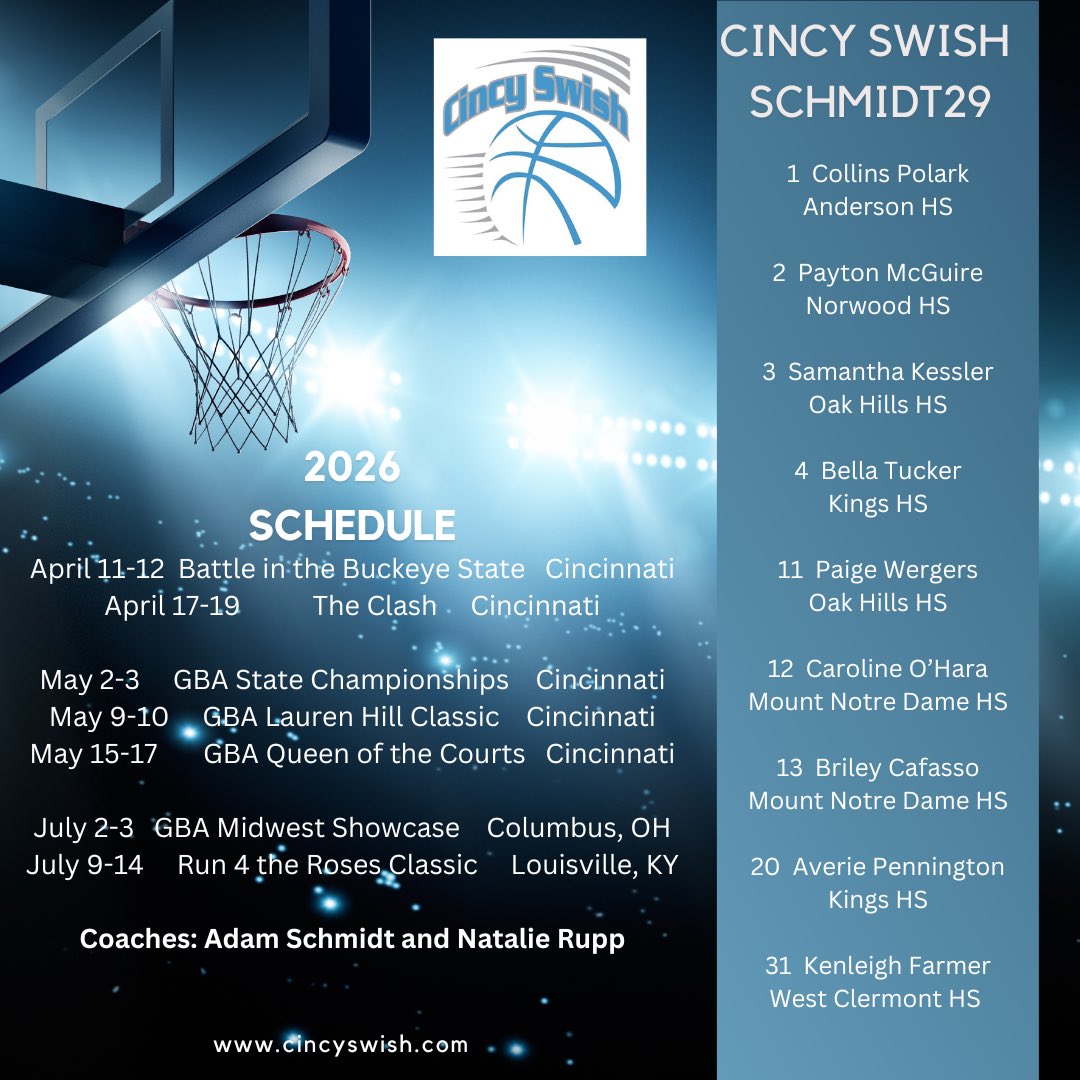CincySwish's tweet photo. Good Luck to our Cincy Swish High School Girls Basketball teams as they kick off the season this weekend at the Select Events Battle in the Buckeye State! Here are the rosters and tournament schedule for the season for all three of our squads! https://t.co/vWharlk9SA