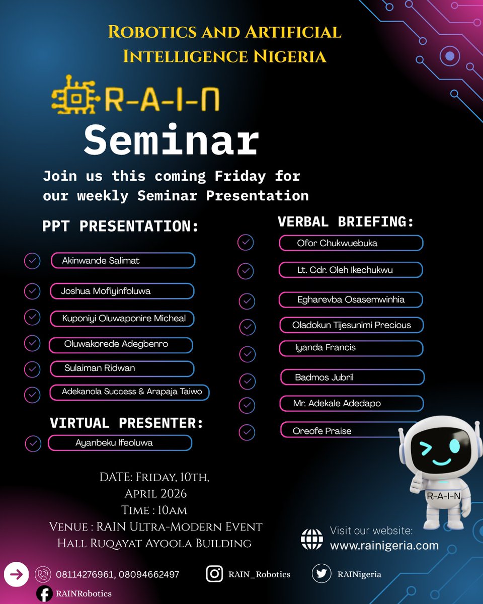 RAINigeria's tweet image. A weekly seminar presentation where we discuss and talk about our trainees ongoing projects. 
#Robotics
#Presentation
#AIML #RDA #RAIN
