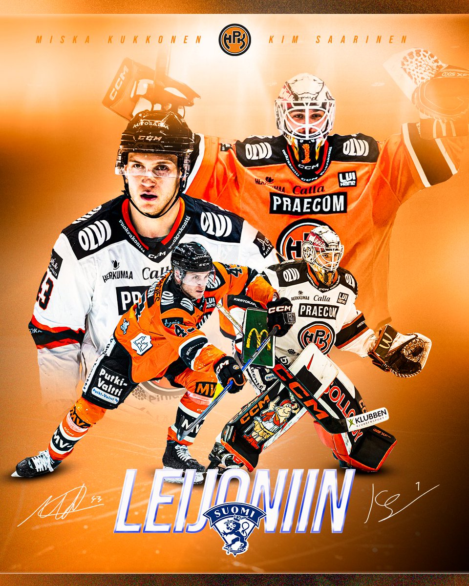 Pallokerho's tweet photo. Brooks &amp; Kimmo Leijoniin! 🇫🇮🦁

Miska Kukkonen sekä Kim Saarinen on valittu Leijonien MM-leirille! 

Tsemppiä leiritykseen sekä onnittelut molemmille! 🧡

#HPK #Liiga #Leijonat https://t.co/6SYzsNMRvx