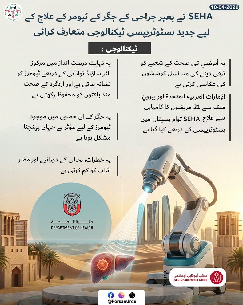 ForsanUrdu's tweet image. SEHA کی جدید ہسٹوٹریپسی ٹیکنالوجی جگر کے کینسر کے بغیر جراحی علاج میں ایک اہم پیش رفت ہے

#UAE #AbuDhabi #SEHA #Health #DoH #PureHealth
@DoHSocial
@PureHealthae
@SEHAHealth
@ADMediaOffice