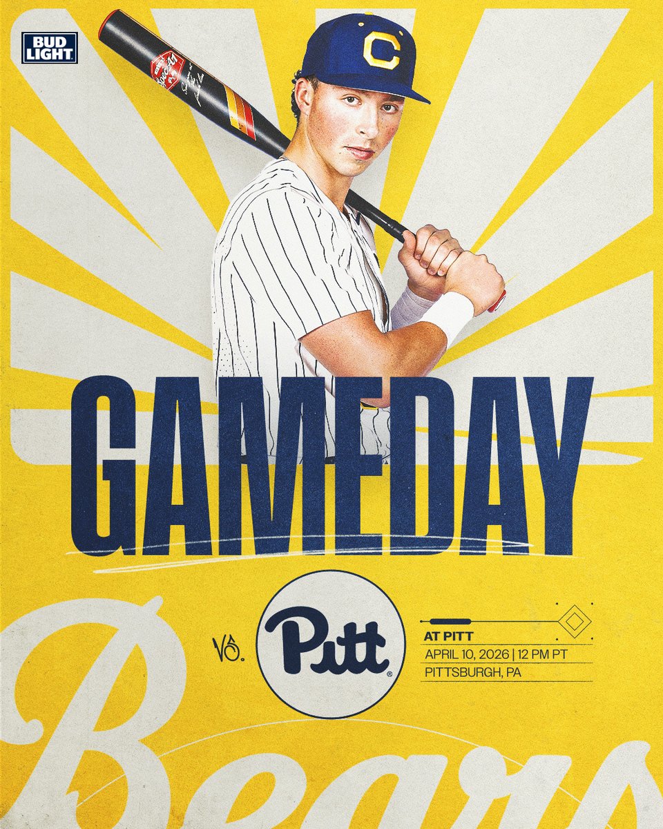 CalBaseball's tweet photo. 𝐆𝐚𝐦𝐞𝐝𝐚𝐲 𝐢𝐧 𝐏𝐀 ⚾️

🆚 Pitt (22-9, 6-6)
📍 Charles L. Cost Field | Pittsburgh, PA
⌚️ 12 PM
📺 ACCNX | https://t.co/RMTJuvNOrY
📊 https://t.co/C3H7eC5HLd

#GoBears https://t.co/U0uScuvDjP