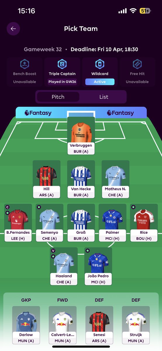 ZzzLoser's tweet photo. Wildcard active😋

Starting Hill for defcon

I've got 3 Free Transfers so I can keep 2 good GW32 players and move them in 33

I feel like wildcarding now provides a quick boost and WC35 may or may not be good but I clicked the button before Arsenal played 😅

Overall rank:210,715 https://t.co/d2Qm0Id8tj