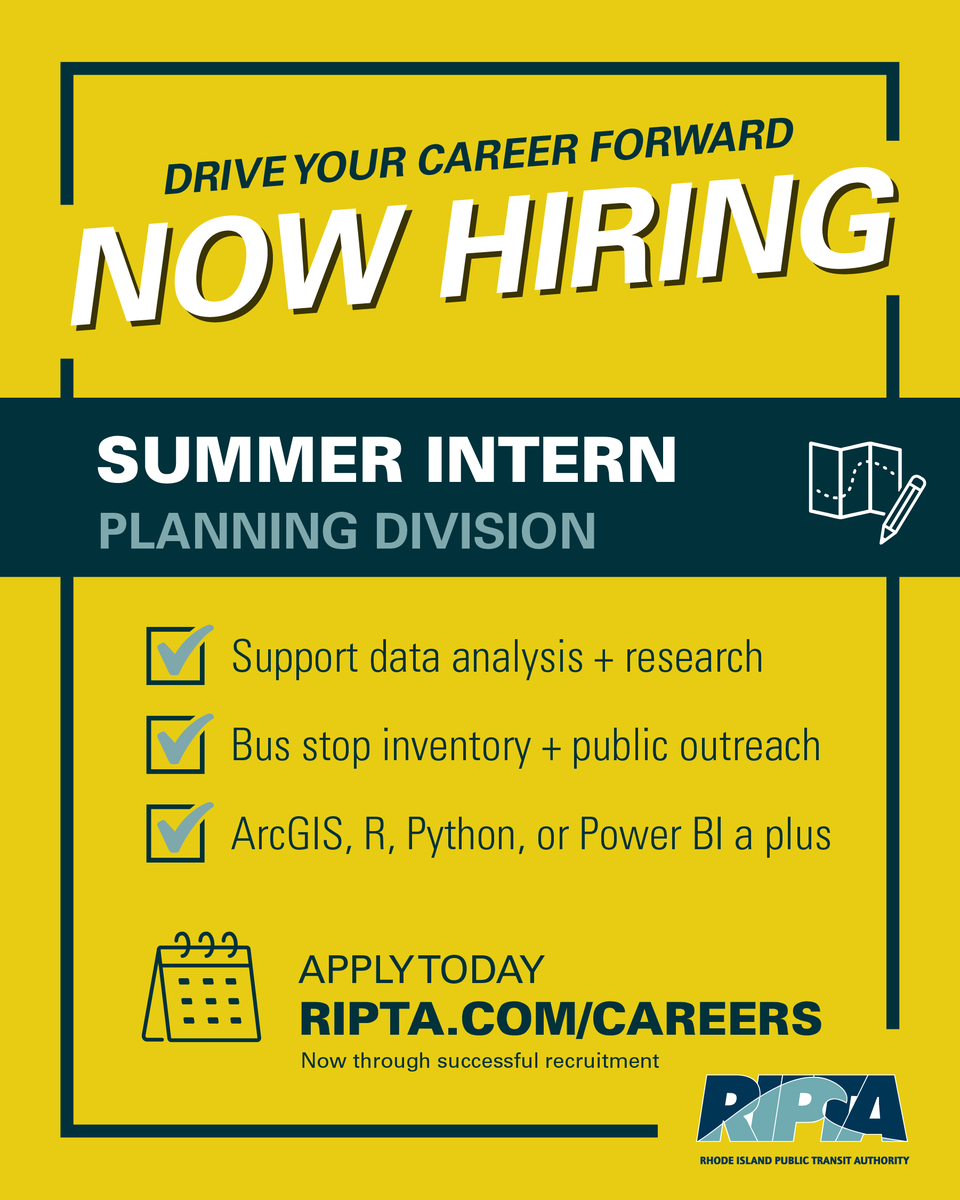 RIPTA_RI's tweet photo. Looking for a great summer internship?  ☀️🚌  Join our team as an intern in our Planning Division where you'll help with studies, data analysis, bus stop inventories &amp; public outreach. Apply online and start your career in transit planning today at https://t.co/05oB3yFIX3. https://t.co/d8oSgAZerj