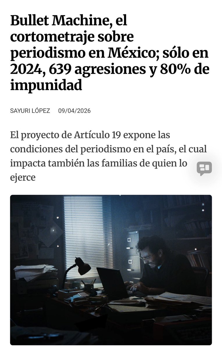 En México un periodista teclea su nota y cada golpe de teclado suena a balazo. Eso es literalmente Bullet Machine, el cortometraje de Artículo 19, y no es metáfora poética: son 639 agresiones documentadas solo en 2024, 176 periodistas asesinados desde el 2000, y un 80% de