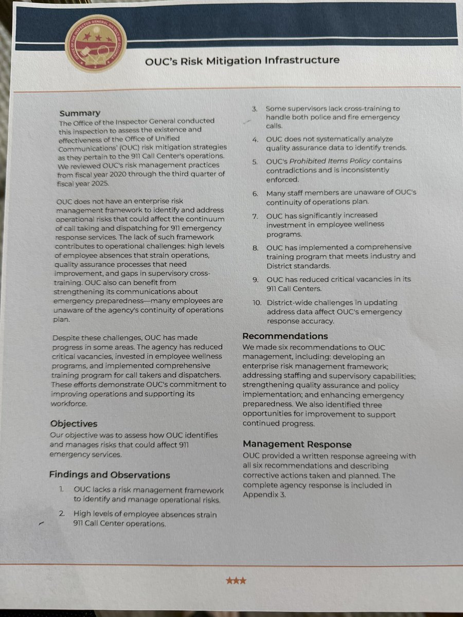 tomsherwood's tweet photo. #News - Blistering new IG report on DC’s 911 system - high absenteeism, some supervisors lack training, agency doesn’t systematically analyze quality assurance data to improve. 
Summary: https://t.co/RYHqoEUMoG