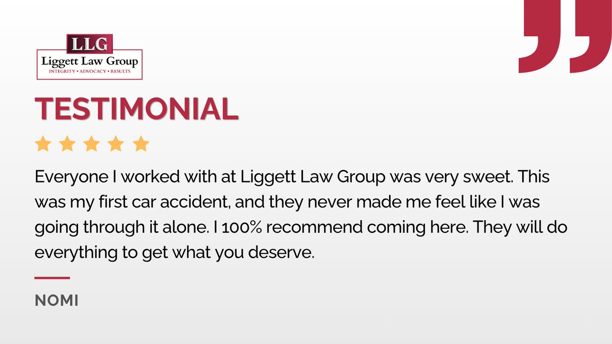 LiggettLawGroup's tweet image. Thank you, Nomi, for trusting Liggett Law Group with your car accident case. Your client review speaks to what people need most after a first car accident: support, reassurance, and a team that will fight for them. #Lubbock #PersonalInjury