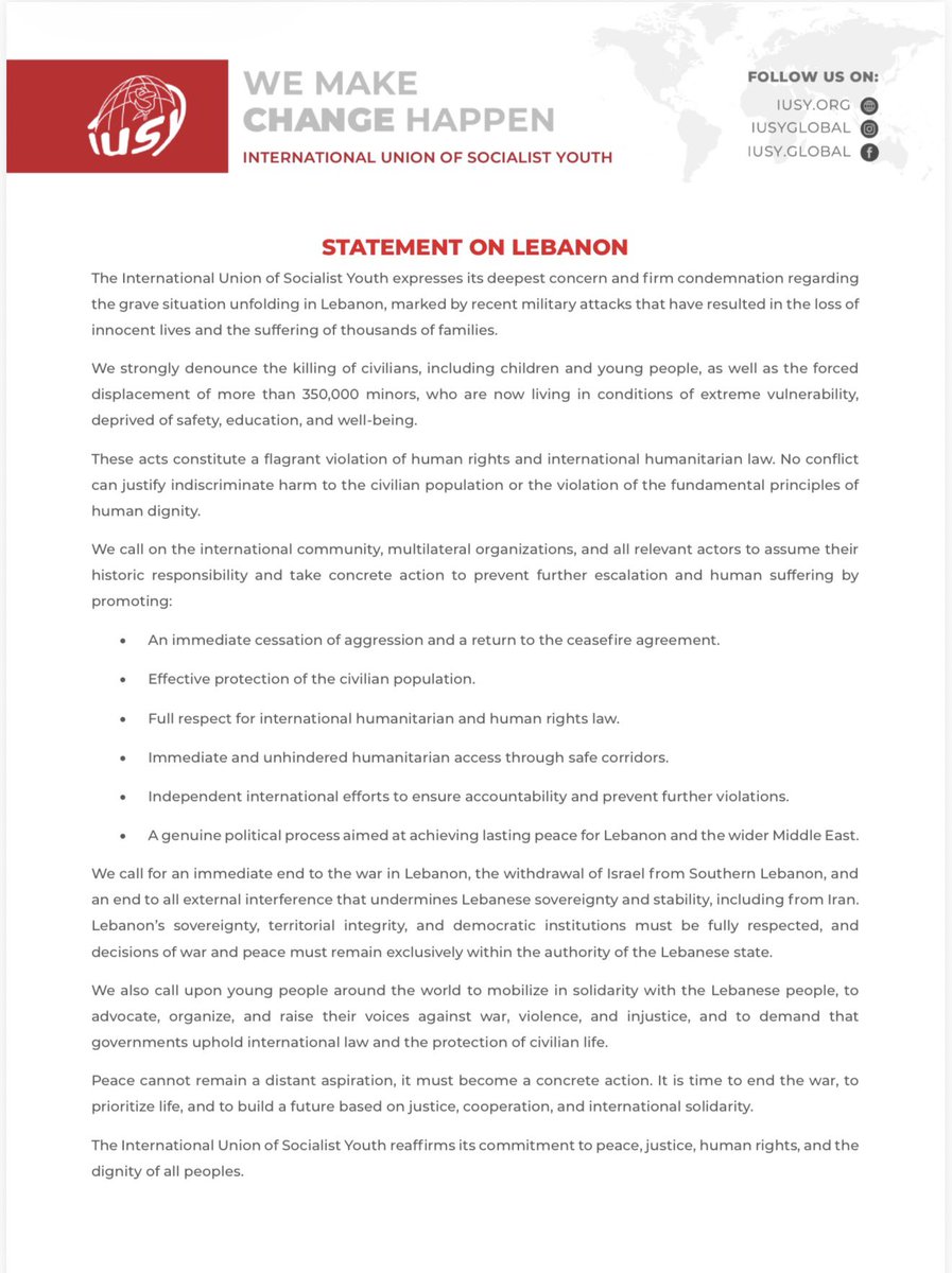 🇱🇧 The International Union of Socialist Youth stands in solidarity with the people of Lebanon.

We strongly condemn the attacks against civilians and call for an immediate end to the war, full respect for international law, and the protection of all lives.