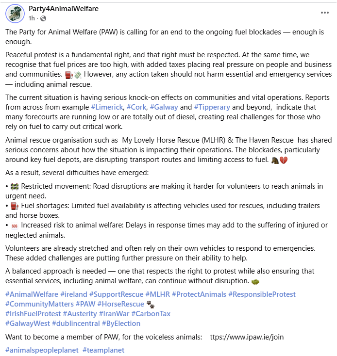 AnimalPartyIE's tweet image. Party for Animal Welfare (PAW) calls for end to the ongoing #fuelblockades — #enoughisenough.
@MyLovelyHorseR  &amp;amp; The Haven Rescue shared serious impacts on animal-rescue.  And road disruptions are making it harder for volunteers to reach animals in urgent need. #IrishFuelProtest