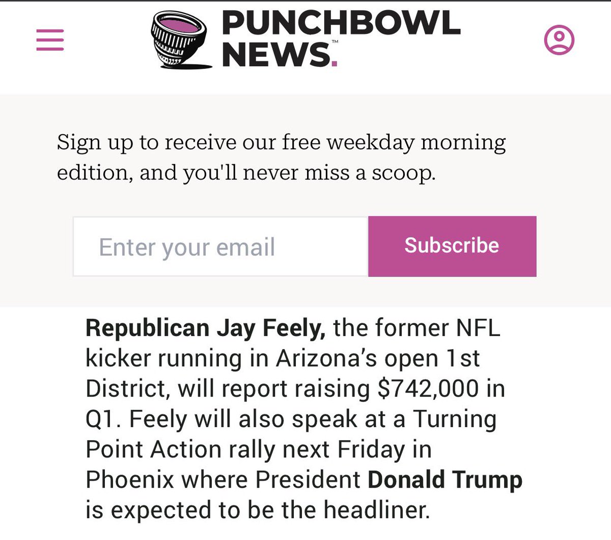 In #AZ01, Trump-Endorsed <a href="/jayfeely/">Jay Feely</a> posts a strong Q1 with more than $740k raised.

All of Feely’s Q1 fundraising from contributions, with no self-funding.