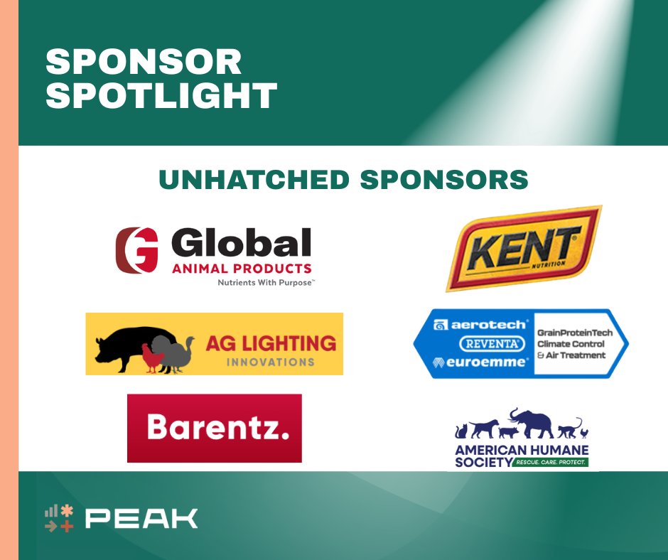 MPFConvention's tweet photo. Thank you to Ag Lighting Innovations, American Humane Certified, Global Animal Products, Grain Protein Tech and KENT Nutrition for supporting PEAK 2026 as our Unhatched sponsors, plus a shoutout to Barentz for sponsoring the Unhatched Photobooth. https://t.co/jQBvpzUKKg