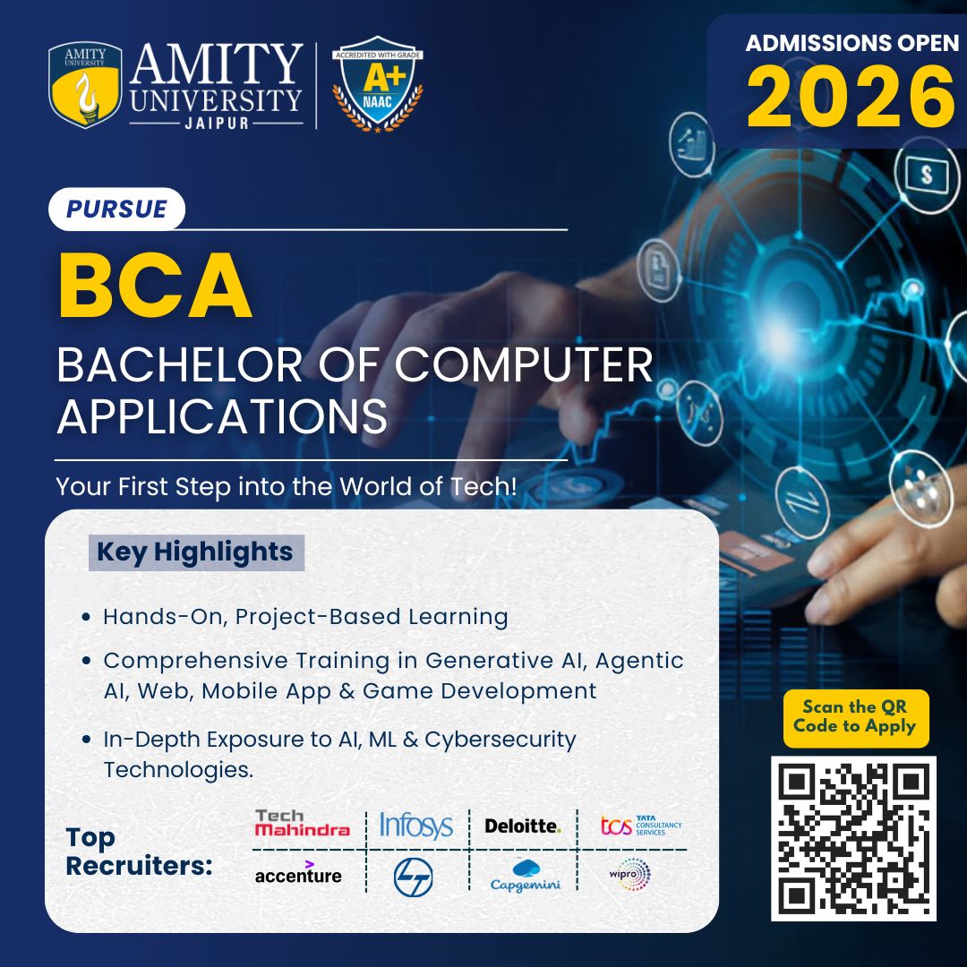 AmityUniJaipur's tweet image. The digital landscape is evolving, and so should your education. Pursue a Bachelor of Computer Applications (BCA) at Amity University Jaipur and step into the world of high-growth technology.
Scan the QR code and Apply Now!
#AmityUniversityJaipur #BCA #TechCareers #AdmissionsOPEN