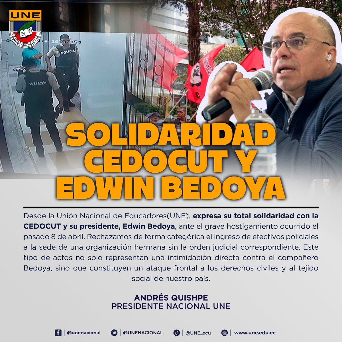 UNENACIONAL's tweet image. 🔴 #Solidaridad | Desde la Unión Nacional de Educadores expresamos nuestro firme respaldo a CEDOCUT y a su presidente, Edwin Bedoya, ante los actos de hostigamiento.

La defensa de la institucionalidad, el respeto a los procesos legales y la libertad de organización son pilares