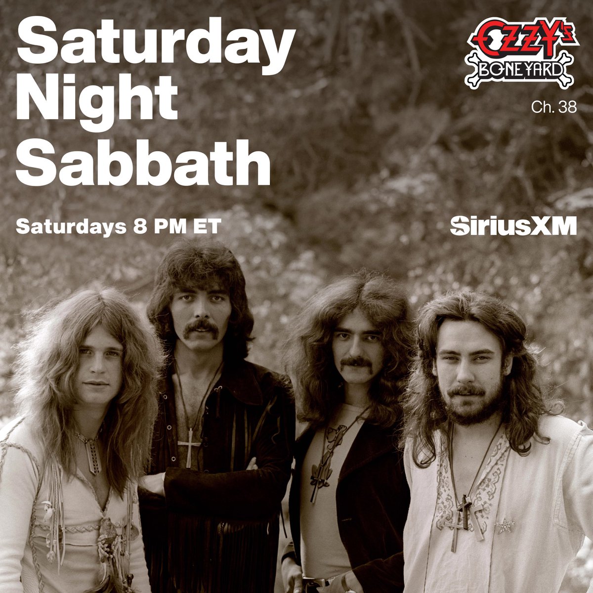 BlackSabbath's tweet photo. Feeling Paranoid? Tune in to “Saturday Night Sabbath” every Saturday night from 8pm – 2am ET / 5pm - 11pm PT, exclusively on @OzzysBoneyard (Channel 38) &amp; the @SiriusXM app. Premiers TOMORROW! 
https://t.co/kbpwPveajI https://t.co/lJy7hZ3lkw