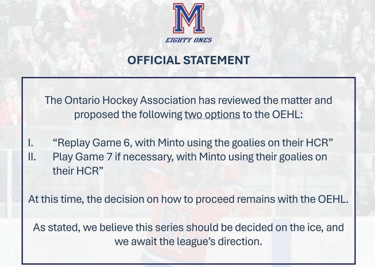 GregCowanST's tweet photo. We've got statements. Lots of statements. 

The Minto 81's and the OHF want the matter solved on the ice. The OEHL says, nope, we voted, sorry Minto, kick rocks. #FINALANDBINDING

Ripley Wolves v. Seaforth for the Paxton tonight, Game 1. 

For context: 

https://t.co/0aHsZN7zax https://t.co/j4RNWsf6ZV