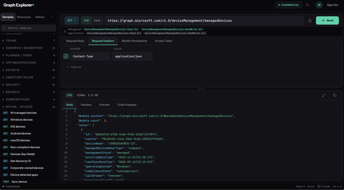 jorgeasaurus's tweet photo. If you work with Intune + Microsoft Graph, you’ve probably rewritten the same queries 10 times.

GraphExplorerPlus = my personal collection of real-world endpoint queries, now public.

Pet project, but useful.

https://t.co/V4u7cV1yeD https://t.co/xb2moPy14I