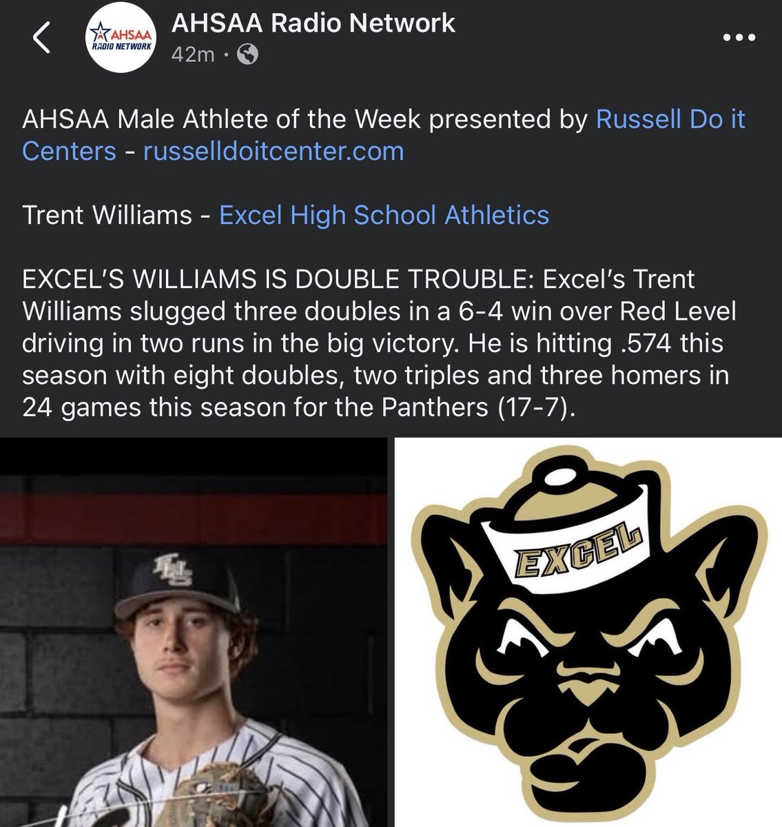 PowerHSports's tweet photo. Trent Williams is still looking for a college to play at next year. If you’re a college coach/recruiter, this kid deserves a look! Please DM us! He is now batting .581 this year with 11 doubles and 29 RBI’s. He also has 50K’s in 32IP! Trent is a huge reason Excel is 20-7 this year! @TalkoftheTownFB @PG_DeepSouth @SouthernCharmSp @MrWayneJohnson @HallTechSports1 @prepbaseball @PG_Scouting