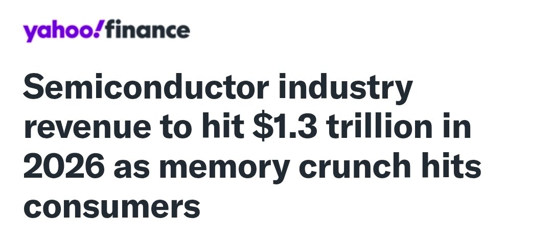 TradexWhisperer's tweet photo. $TSM $MU $SNDK $DRAM $AVGO $NVDA Global Boom 💥 

Global semiconductor industry revenue is projected to exceed $1.3 trillion in 2026.

This represents a massive 64% year-over-year increase from 2025, the largest growth rate in two decades. It would mark the third consecutive year of double-digit growth, highlighting the sector’s central role in the AI technology stack.

Broader Outlook

The growth is broad-based but memory and AI-related infrastructure (processing + networking) are the standout drivers. While AI chips (e.g., GPUs from Nvidia) get much attention, memory price inflation and data center buildout are playing an outsized role in the revenue explosion.

This ties directly into the ongoing AI infrastructure supercycle, where massive GPU cluster deployments require enormous amounts of supporting memory and optical/high-speed networking components.