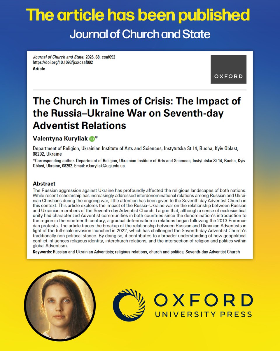 CenterforAR's tweet photo. Congratulations to Valentyna Kuryliak on the publication of her article, "The Church in Times of Crisis: The Impact of the Russia-Ukraine War on Seventh-day Adventist Relations," in the Journal of Church and State (Oxford University Press)!

Link:
https://t.co/o1uEcHkmPy https://t.co/O2tLPh1wHp