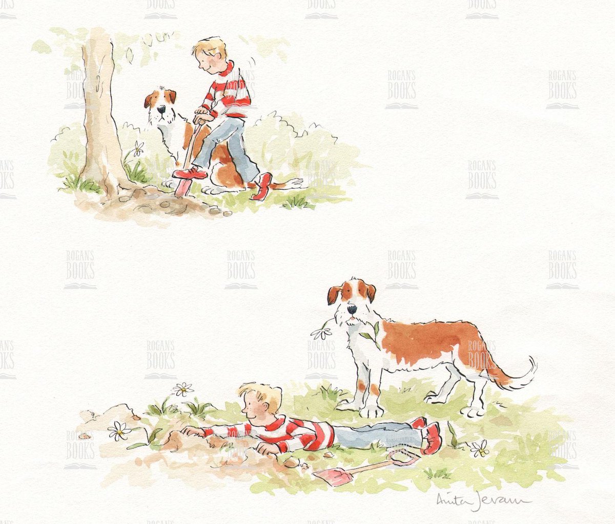 A mischievous moment by Anita Jeram from It was Jake! 🐾

‘He dug near the flowers… He dug everywhere’ captures Danny blaming poor Jake once again. Original ink &amp; watercolour, one of a kind.
£459

#ChildrensIllustration #AnitaJeram #OriginalArtwork #PictureBookArt #ArtForSale