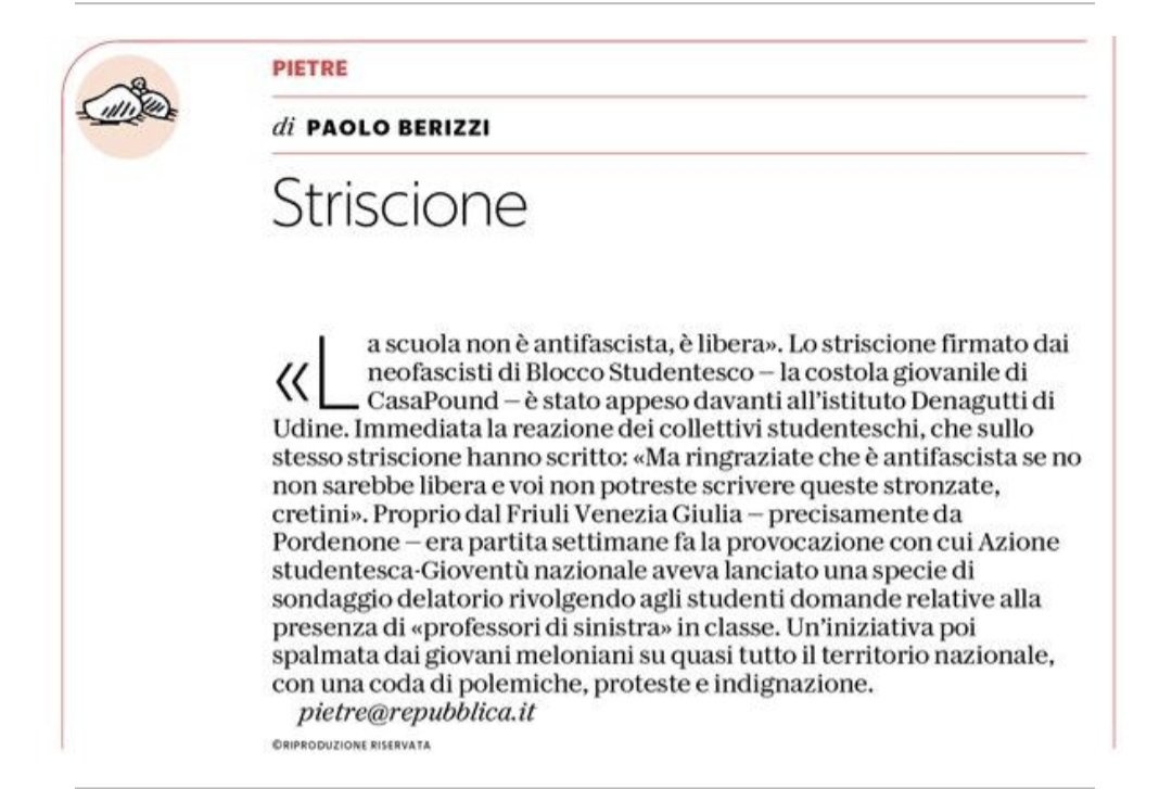 PBerizzi's tweet photo. "La scuola non è antifascista, è libera". Striscione di Blocco Studentesco-CasaPouund fuori dalla scuola. Risposta dei collettivi: "Ma ringraziate che è antifascista, se no non sarebbe libera e voi non potreste scrivere queste stronzate, cretini". Udine.  

#Pietre
@repubblica https://t.co/P9i4tFLZ3I